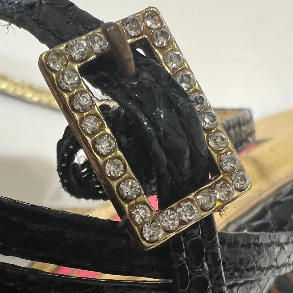 Betsy Johnson Vero Cuoio Soles Black & Gold Fringed Strappy Heels SIZE 6.5 M - Picture 8 of 12